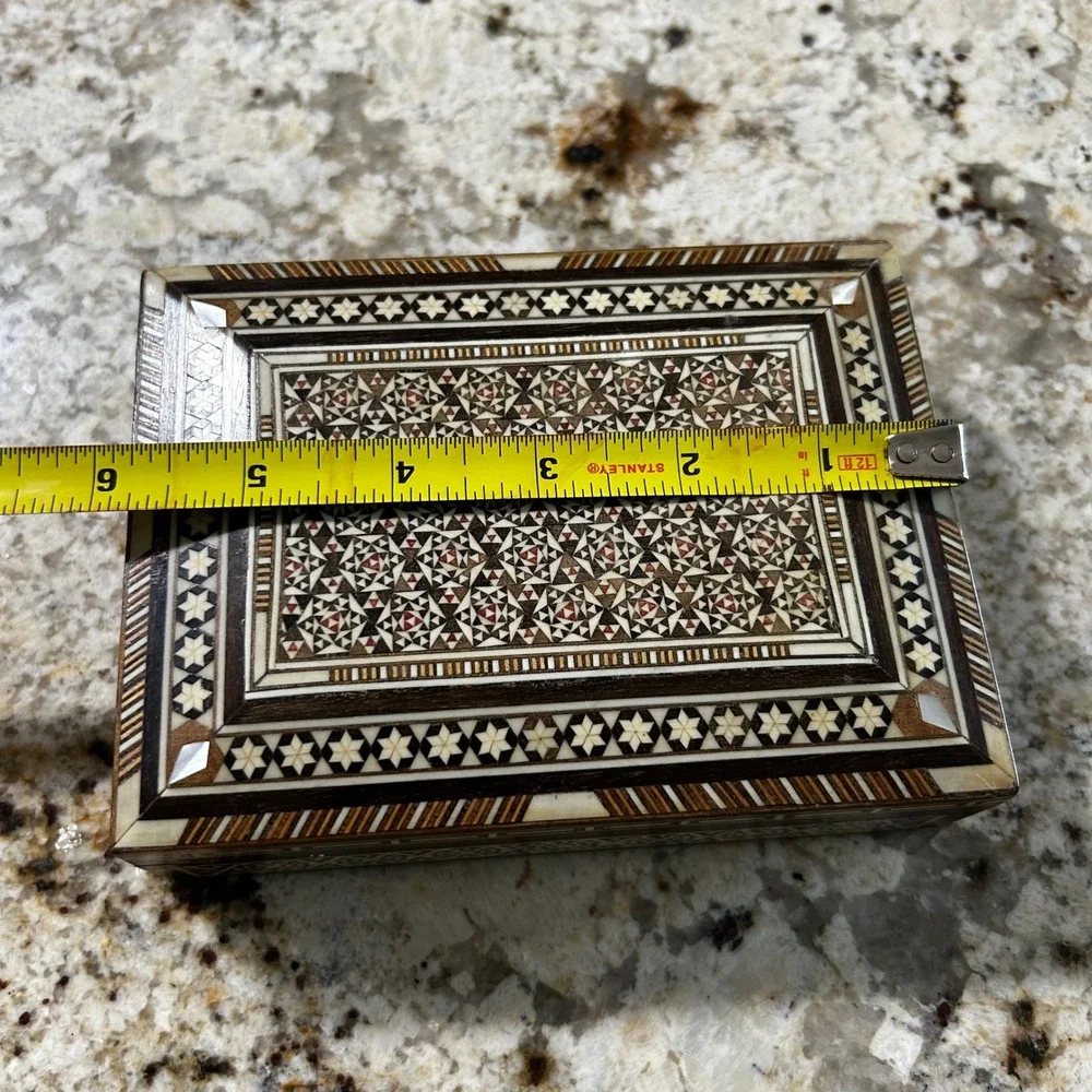 Vintage Inlaid Marquetry Wooden Jewelry Box Mosaic Mother of Pearl Geometric